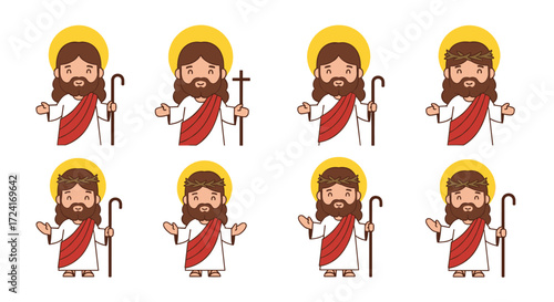Cartoon jesus christ with shepherd s staff in various poses