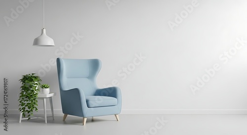Light blue wingback armchair with plant and pendant lamp in minimalist room furniture interior