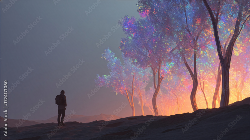 Fototapeta premium A low-angle, cinematic shot of a lone hiker standing at the edge of a vast, glowing holographic forest projected onto a barren desert landscape at dusk. The holographic trees emit soft, ethereal light