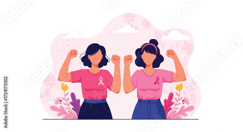 Flat style illustration of two strong women raising fists together with pink ribbons, symbolizing empowerment, unity, and hope for Breast Cancer Awareness Day and survivor strength