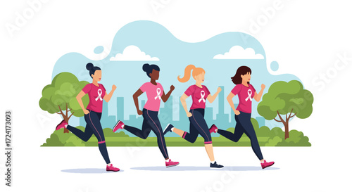 Flat style illustration of diverse women running outdoors with pink ribbons, promoting Breast Cancer Awareness Day, fitness, health, prevention, solidarity, and community support