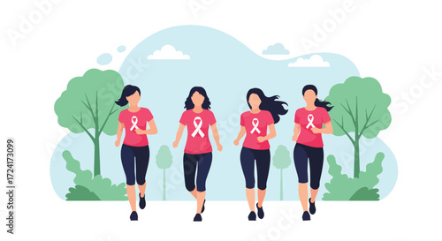 Flat style illustration of diverse women running outdoors with pink ribbons, promoting Breast Cancer Awareness Day, fitness, health, prevention, solidarity, and community support