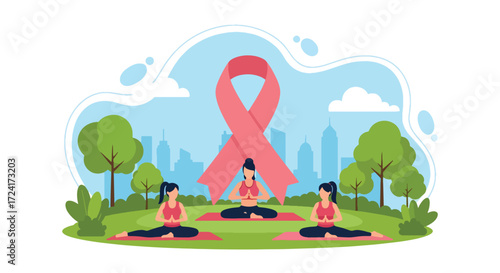 Flat style illustration of women practicing yoga outdoors with a large pink ribbon, promoting Breast Cancer Awareness Day, wellness, mindfulness, prevention, and community health support