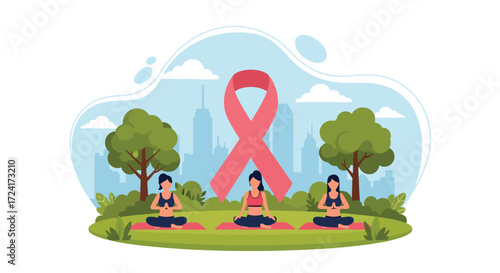 Flat style illustration of women practicing yoga outdoors with a large pink ribbon, promoting Breast Cancer Awareness Day, wellness, mindfulness, prevention, and community health support