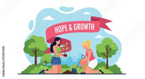 Flat style illustration of two women planting a tree with a hope and growth banner, symbolizing Breast Cancer Awareness Day, renewal, healing, and community support for survivors and prevention