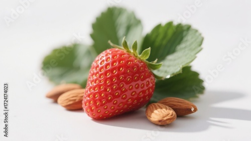 A fresh strawberry with green leaves and almonds on a white background