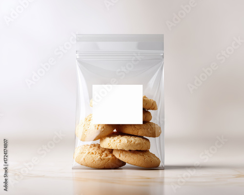 Cookies packed in a clear plastic bag with blank mockup label