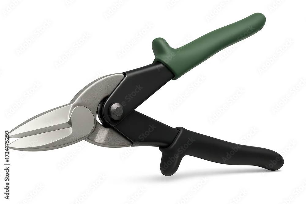Obraz premium Metal snips with green and black handles isolated on transparent background, close-up