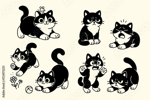 Set of kawaii black and white cat illustrations in various poses and emotions. Cute cartoon cats playing, sitting, stretching, yawning, and expressing different moods. Perfect for stickers, t-shirts
