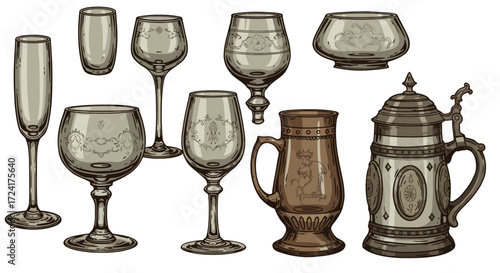 Vintage glassware and medieval beer mugs collection in detailed artwork