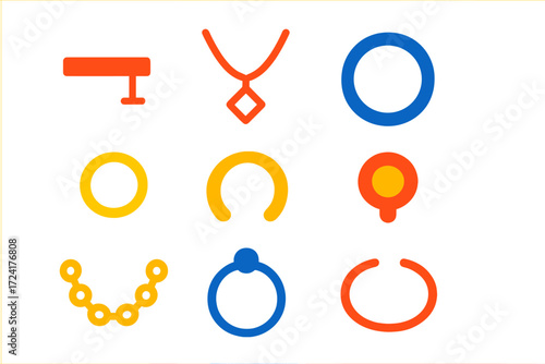 Minimalist Jewelry Icons. Flat vector icons of minimalist jewelry: bar stud, geometric pendant, thin band, tiny hoop, simple cuff,