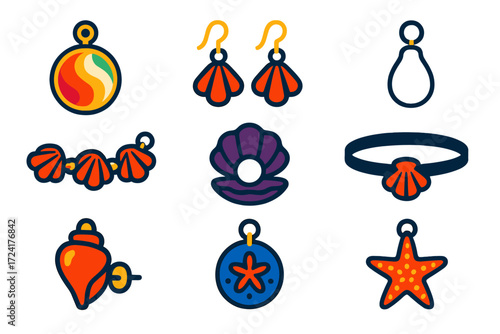 Vibrant Pearl Jewelry Icons. Flat vector icons of pearl and shell jewelry: mother-of-pearl pendant, shell earrings, pearl drop,