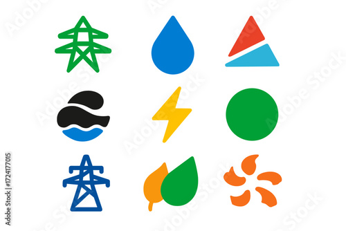 Utility Stock Icons. Flat vector icons of utility stocks: NextEra Energy, Duke Energy, Southern Company; Dominion, Exelon, Enel;
