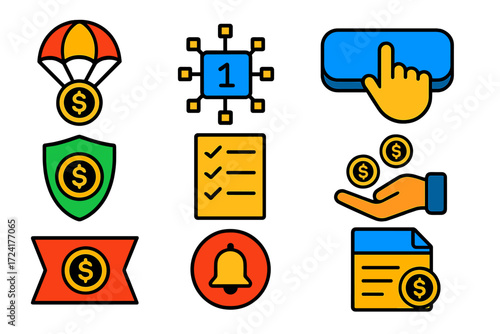 Crypto Airdrop Icons. Flat vector icons of crypto airdrops: parachute token, snapshot block, claim button, whitelist badge,