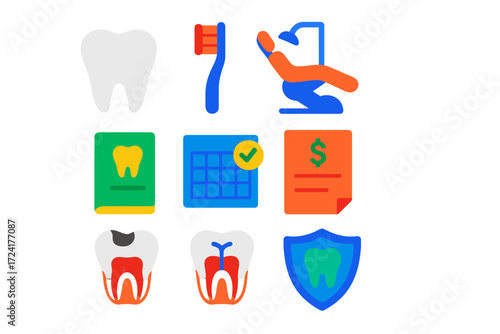 Dental Insurance Icons. Flat vector icons of dental insurance: tooth icon, toothbrush, dental chair; policy booklet, coverage grid