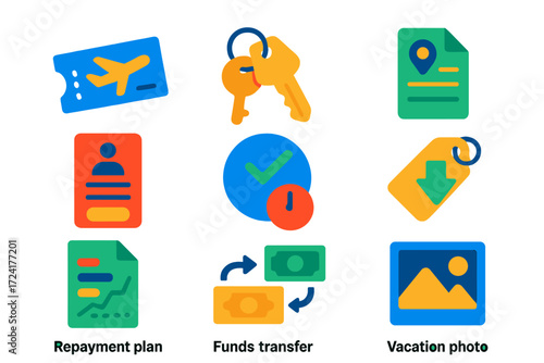Vacation Loan Icons. Flat vector icons of vacation loans: airplane ticket, hotel key, travel itinerary; loan app form, rapid
