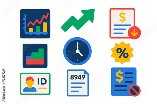 Capital Gains Icons. Flat vector icons of capital gains tax: stock chart, gain arrow, sale document; cost basis, holding period