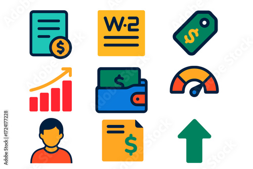 Income Tax Icons. Flat vector icons of income tax: salary slip, W-2 form, tax bracket tag; gross income chart, net pay icon,