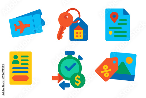 Vacation Loan Icons. Flat vector icons of vacation loans: airplane ticket, hotel key, travel itinerary; loan app form, rapid