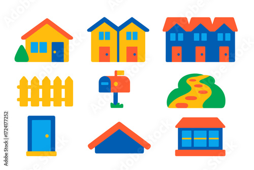 Vibrant Property Icons. Flat vector icons of residential properties: suburban house, duplex building, townhouse row; picket fence,