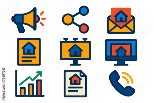 Real Estate Icons. Flat vector icons of real estate marketing: megaphone, social media share, email blast; property flyer,