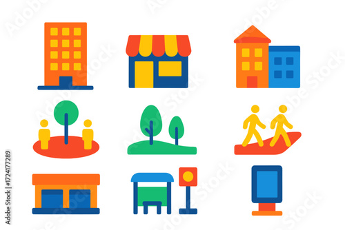 Modern Mixed-Use Icons. Flat vector icons of mixed-use developments: tower block, retail pod, residential wing; public plaza,