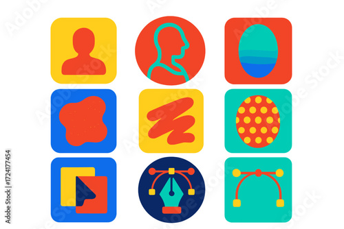 Modern Flat Icons. Flat vector icons of illustration techniques: flat silhouette, line art stroke, shading gradient; texture grain