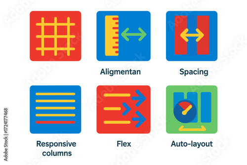 Ergonomic Layout Icons. Flat vector icons of ergonomic layout: grid guide, margin ruler, gutter space; baseline grid, alignment