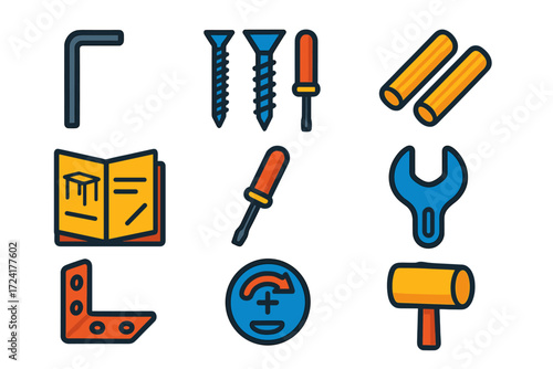 Furniture Assembly Icons. Flat vector icons of furniture assembly: Allen key, screws, wooden dowels, instructions manual,