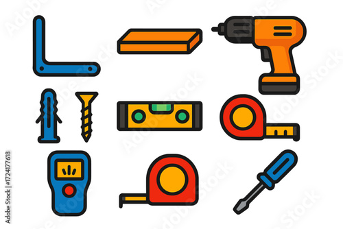 Colorful Shelf Installation Icons. Flat vector icons of shelving installation: bracket, shelf board, drill, wall anchor, screws,