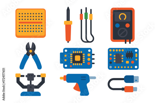 Electronics Prototyping Icons. Flat vector icons of electronics prototyping tools: breadboard, soldering iron, multimeter, wire