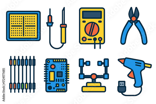 Electronics Prototyping Icons. Flat vector icons of electronics prototyping tools: breadboard, soldering iron, multimeter, wire