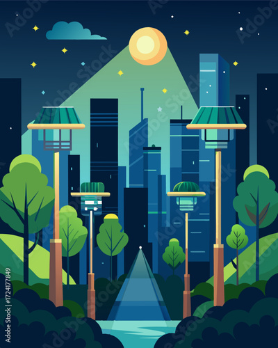 Amidst the concrete jungle of a metropolis an urban oasis is created with solarpowered lights illuminating the leafy foliage of towering trees.. Vector illustration