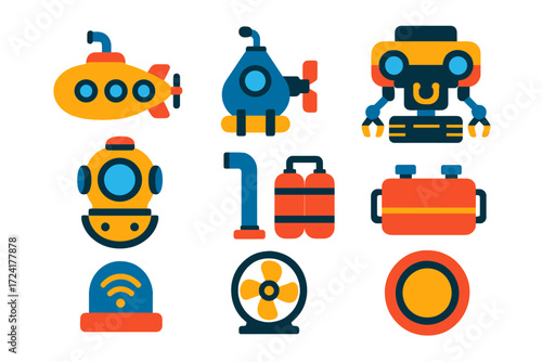Underwater Vehicle Icons. Flat vector icons of submersibles: submarine, bathyscaphe, ROV, diver helmet, periscope, ballast tank,