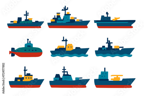 Naval Vessel Icons. Flat vector icons of military naval vessels: destroyer, battleship, aircraft carrier, submarine, patrol boat,