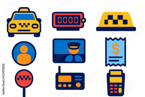 Taxi Service Icons. Flat vector icons of taxi services: taxi cab, taxi meter, roof sign, passenger light, driver partition, fare