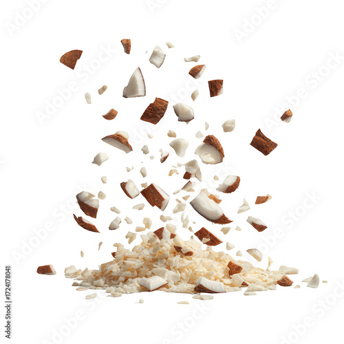 Coconut pieces and flakes falling and scattering, isolated on transparent background