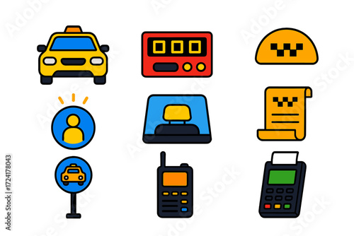 Taxi Service Icons. Flat vector icons of taxi services: taxi cab, taxi meter, roof sign, passenger light, driver partition, fare