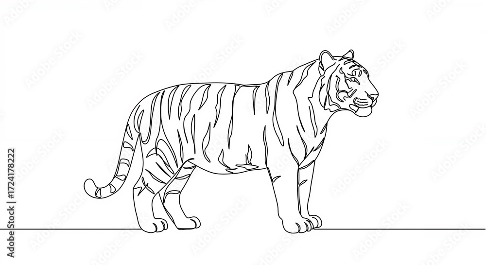 Obraz premium Majestic tiger, powerful, standing, in a continuous line drawing style