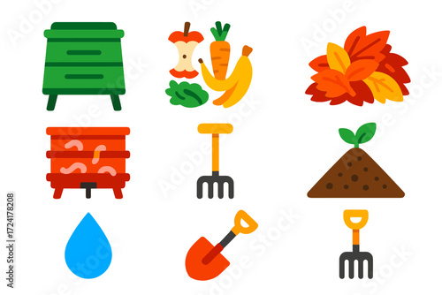 Modern Composting Icons. Flat vector icons of composting: compost bin, food scraps, leaf pile, worm bin, aeration tool, compost