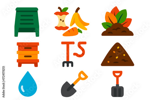 Modern Composting Icons. Flat vector icons of composting: compost bin, food scraps, leaf pile, worm bin, aeration tool, compost