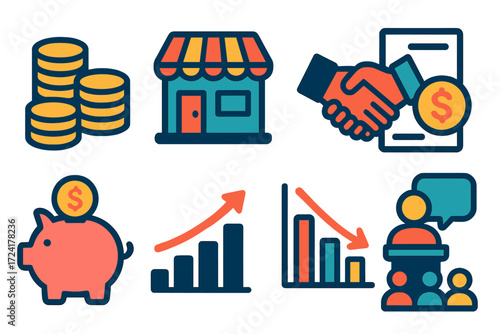 Microfinance Icons Set. Flat vector icons of microfinance: coin stack, small business shop, handshake, loan document, piggy bank,