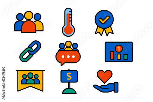 Peer Fundraising Icons. Flat vector icons of peer fundraising: team avatar, progress thermometer, peer badge, share link, group
