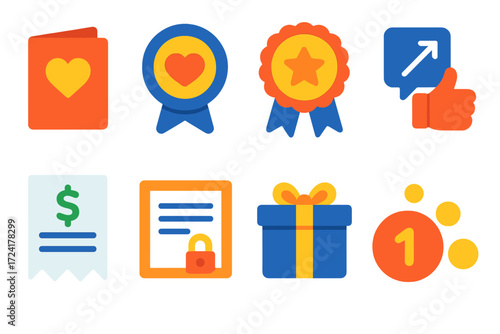Bold Donation Icons. Flat vector icons of donation incentives: thank-you card, donor badge, achievement ribbon, social media share