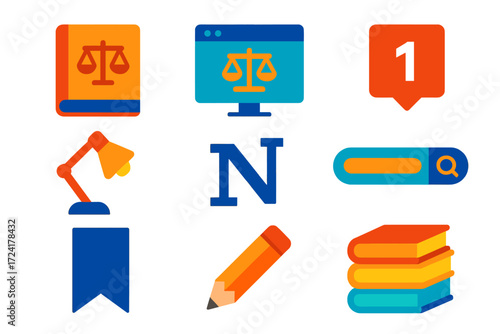 Bold Legal Research Icons. Flat vector icons of legal research: case reporter volume, legal database icon, citation number tag,