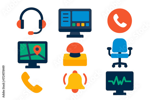Dispatch Center Icons. Flat vector icons of dispatch center: radio headset, computer console, call icon, map screen, emergency