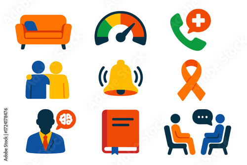 Officer Wellness Icons. Flat vector icons of officer wellness: counseling couch, stress gauge, support hotline, mindfulness bell,