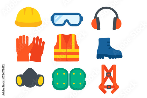 Workplace PPE Icons. Flat vector icons of workplace PPE: hard hat, safety goggles, ear protectors, gloves, high-visibility vest,