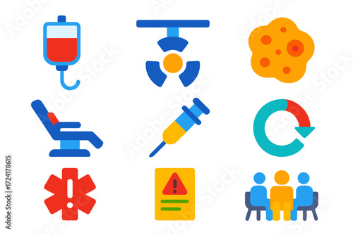 Bold Oncology Icons. Flat vector icons of oncology care: chemo drip, radiation beam, tumor icon, oncology chair, biopsy needle,