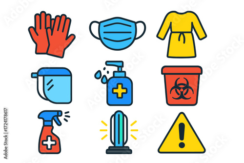 Infection Control Icons. Flat vector icons of infection control: sterile gloves, mask, isolation gown, face shield, hand sanitizer